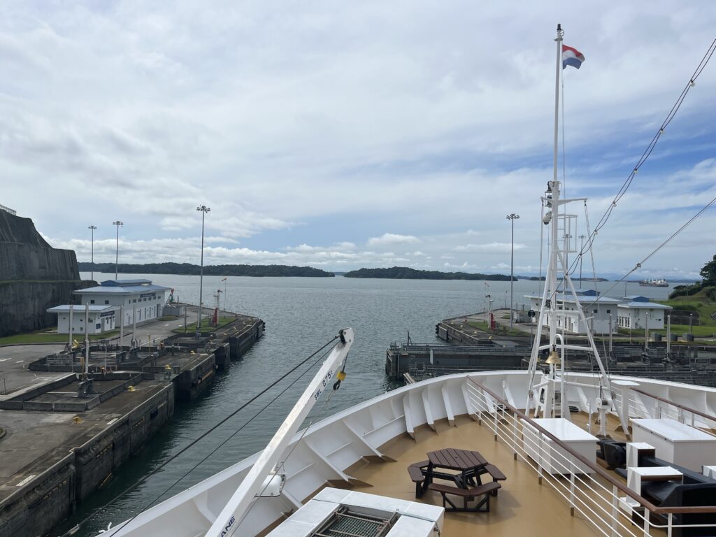 Rotterdam exiting the third lock of the Panama Canal and entering Gutan Lake