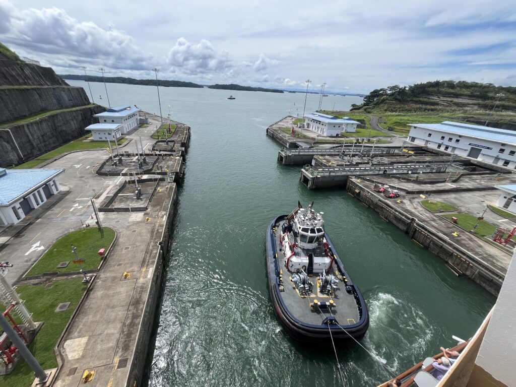 Entering the first lock from Gatun Lake heading back to the Atlantic through the Panama Canal (new locks)