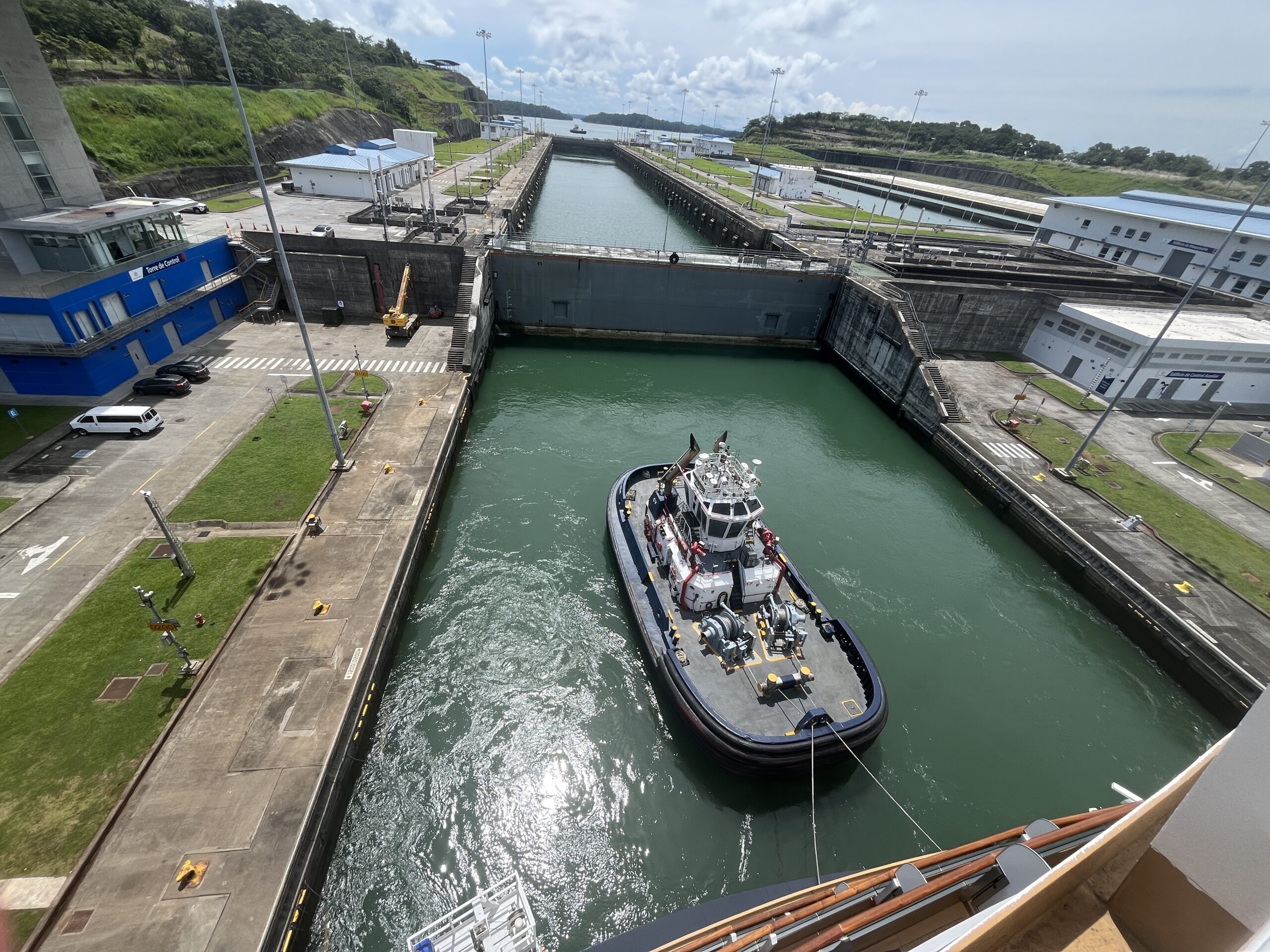 Entering the second lock from Gatun Lake heading back to the Atlantic through the Panama Canal (new locks)