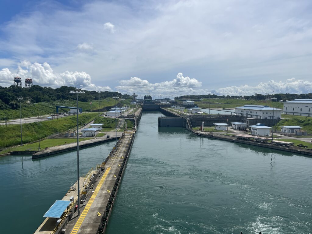 Entering the third lock from Gatun Lake heading back to the Atlantic through the Panama Canal (new locks)