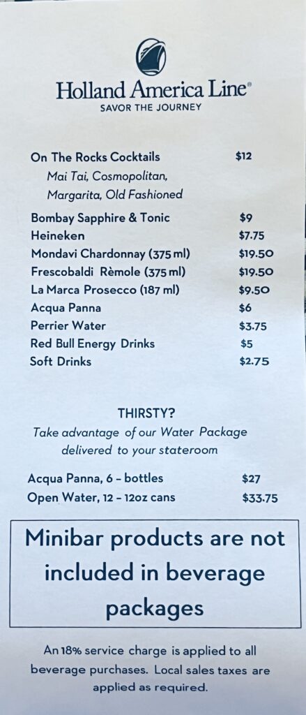 Mini Bar Price List from Holland America Line's Rotterdam