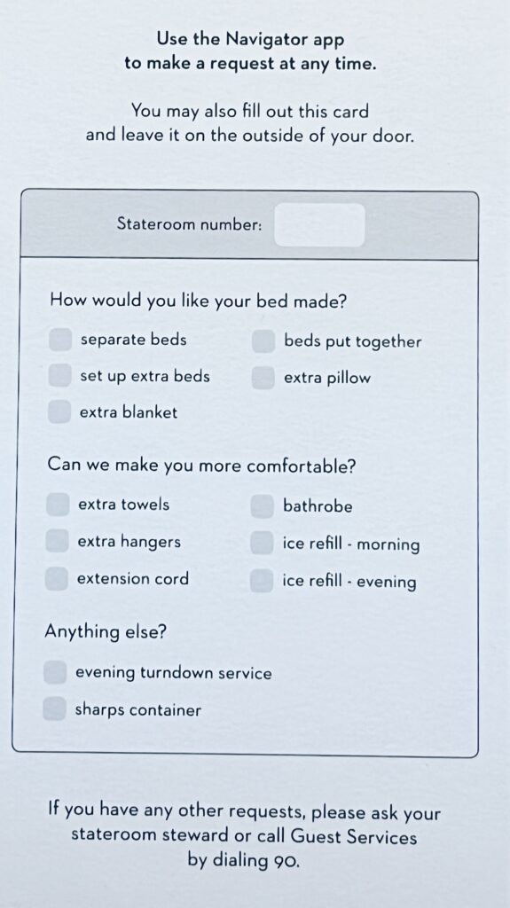 Service Request form from Holland America Line's Rotterdam