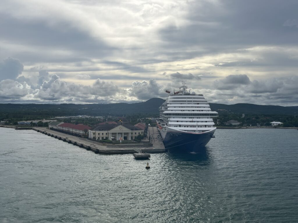 Sailing away from Falmouth, Jamaica on the Rotterdam with the Carnival Dream in the background