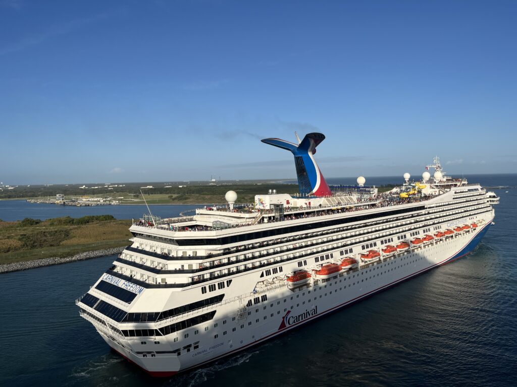 Carnival Freedom with her new funnel as seen at Port Canaveral on December 9, 2023