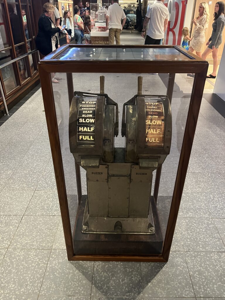 The original brass telegraph from the Carnivale on display outside the Golden Jubilee on Carnival Celebration is now enclosed in a case