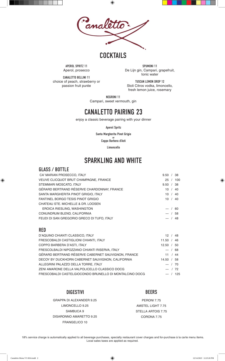 Canaletto Dinner Menu