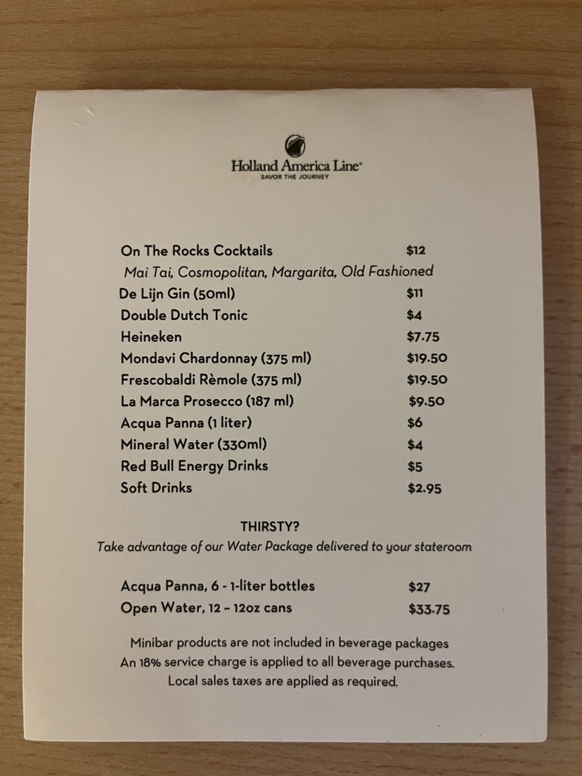 Eurodam mini bar pricing