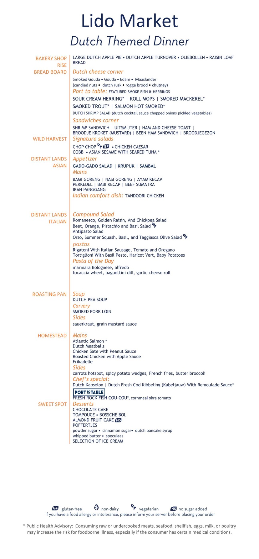 Lido Market Dutch Themed Dinner Menu