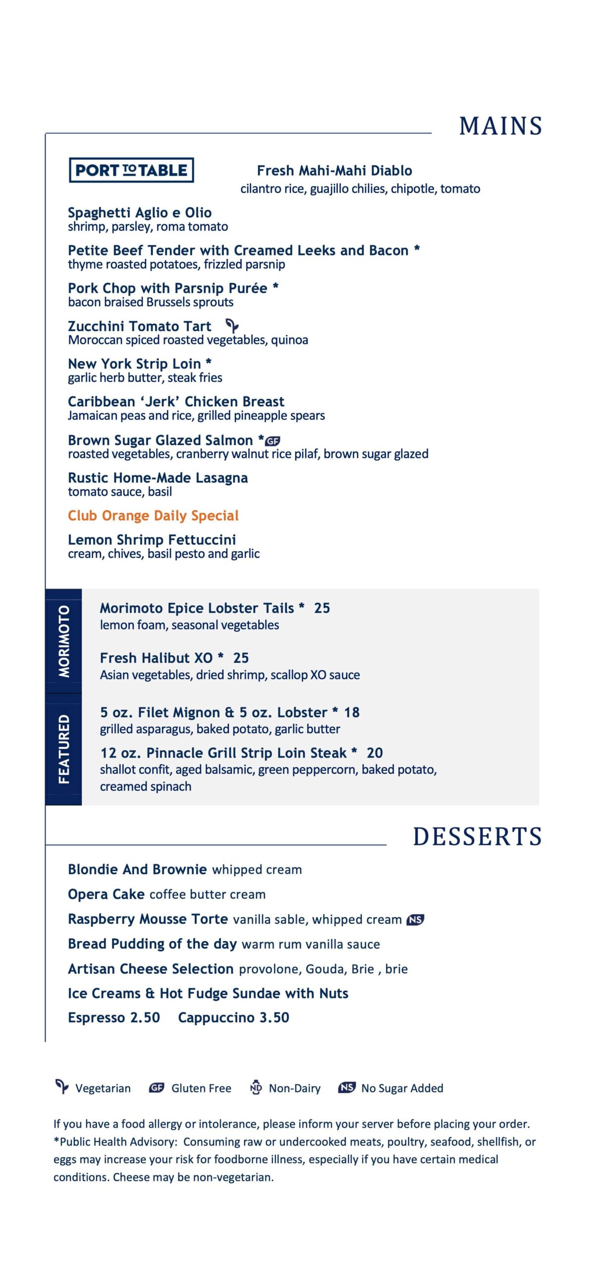 Main Dining Room Dinner Menu