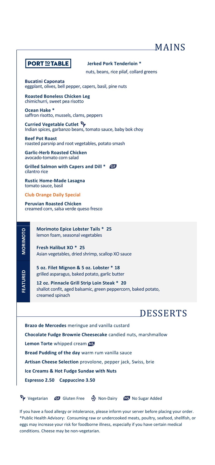 Main DIning Room Dinner Menu