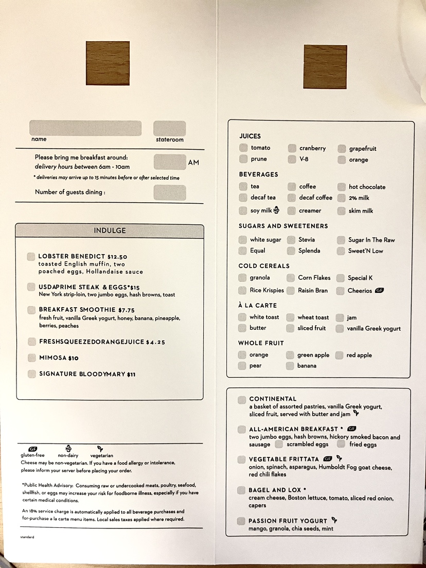 Room Service breakfast menu