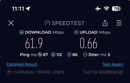 Starlink speed test on the Eurodam