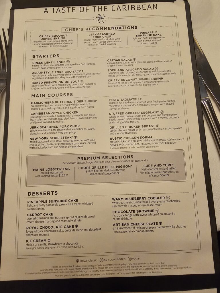 Caribbean Night menu in the main dining room on Independence of the Seas