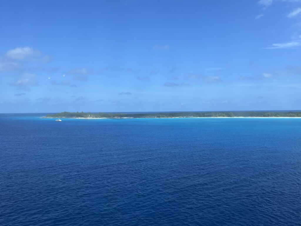 Sailing away from Half Moon Cay in the Bahamas