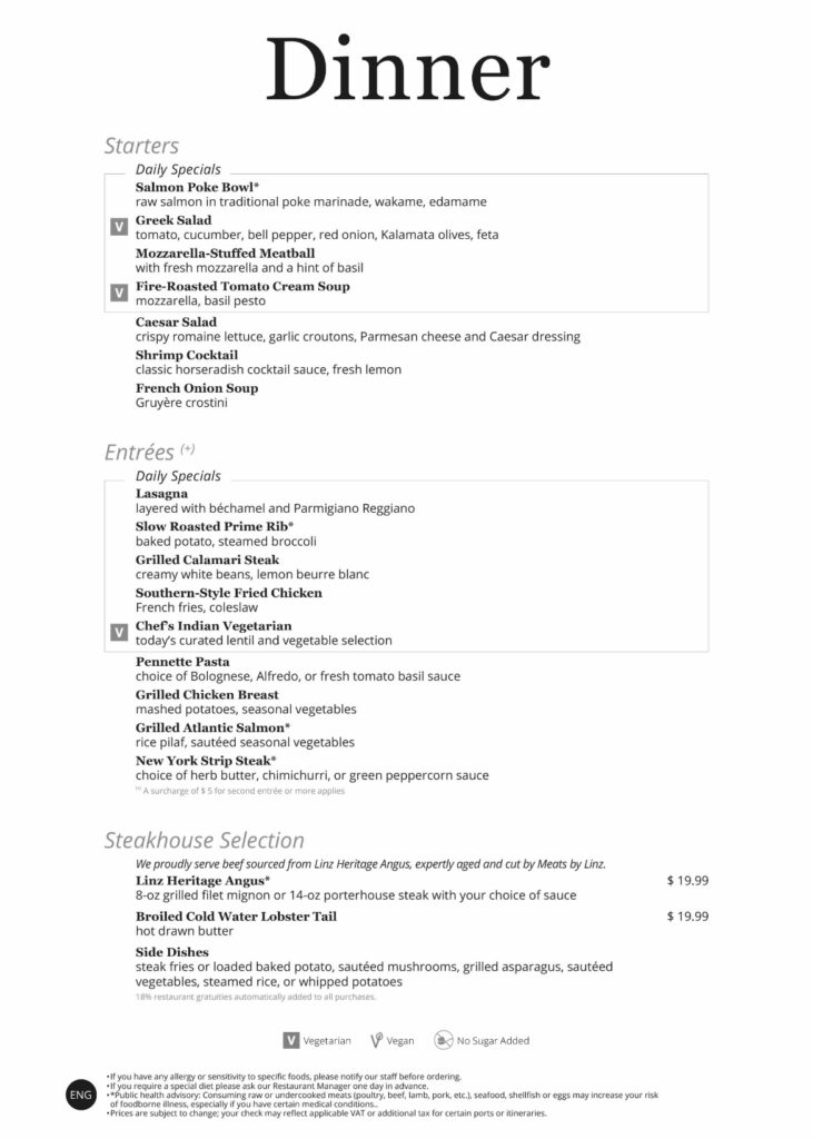 Main Dining Room Menu - Day 1 on MSC Seascape