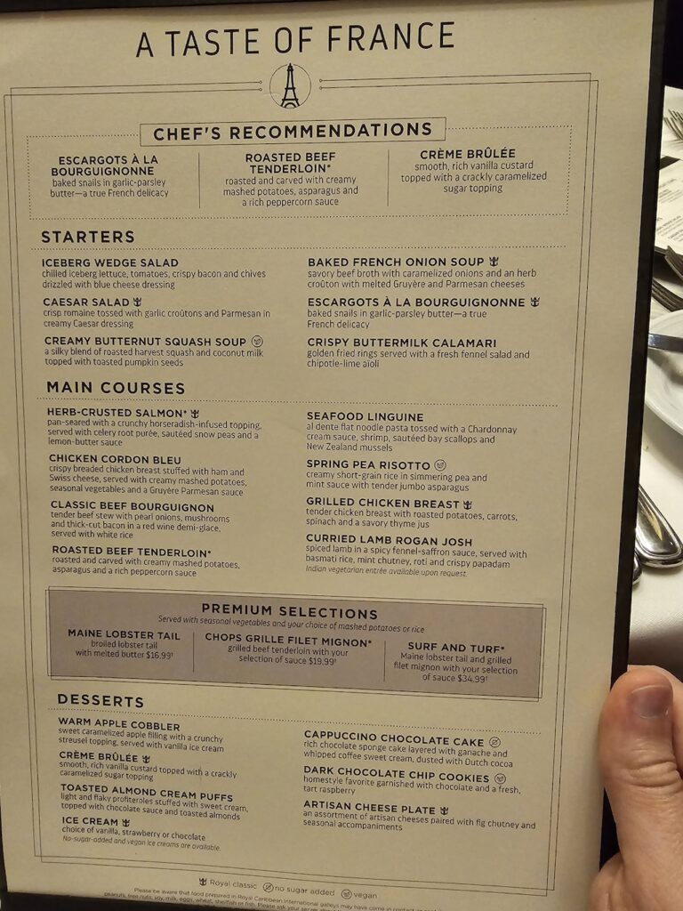 Day 2 Dinner Menu in Main Dining Room on Independence of the Seas