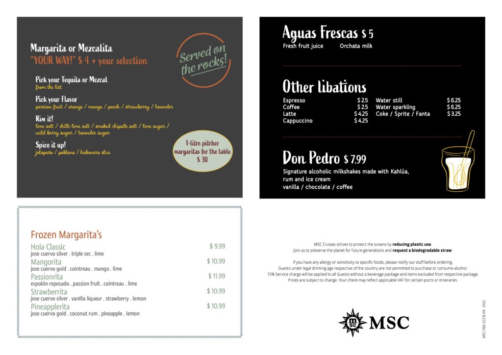 Hola! Tacos and Cantina menu from MSC Seascape