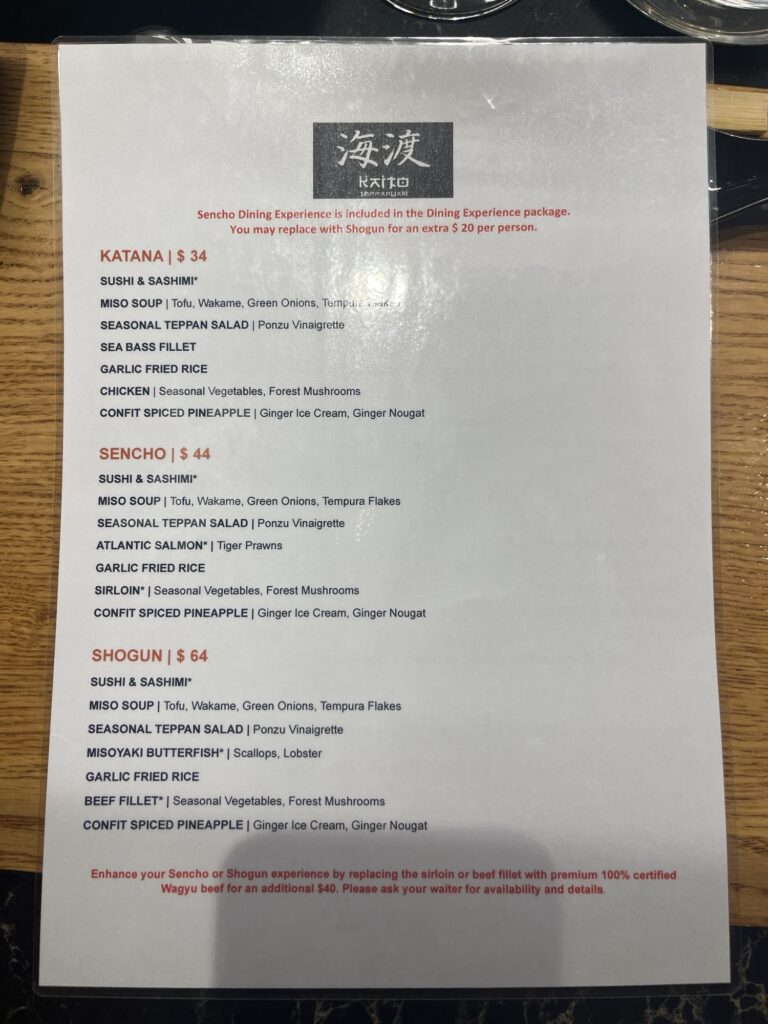 Kaito Teppanyaki menu on MSC Seascape