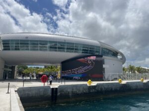 A large video screen wall now greets you as you enter the port at Nassau, Bahamas