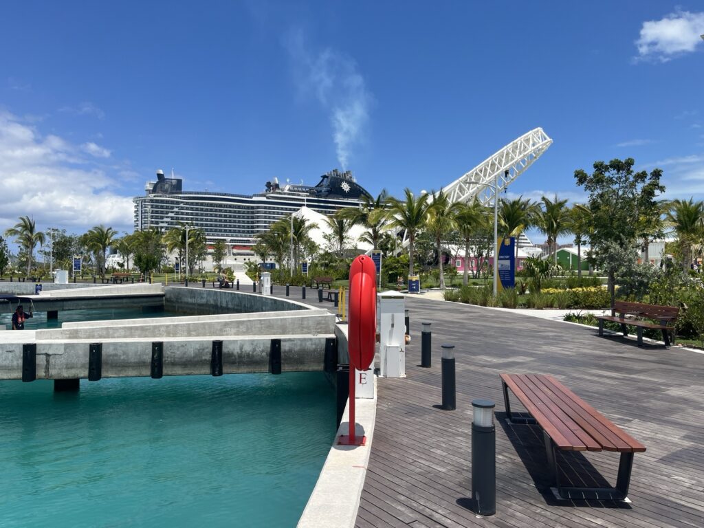 Marina with nice views and benches for seating at the port in Nassau, Bahamas