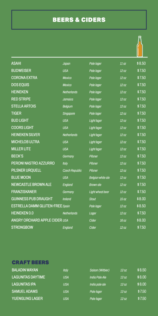 Sports Bar menu from MSC Seascape