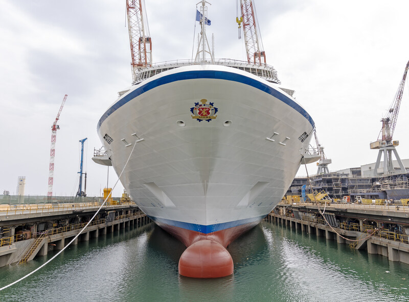 Oceania Cruises newest ship, Allura, is floated out of her drydock on July 1, 2024.