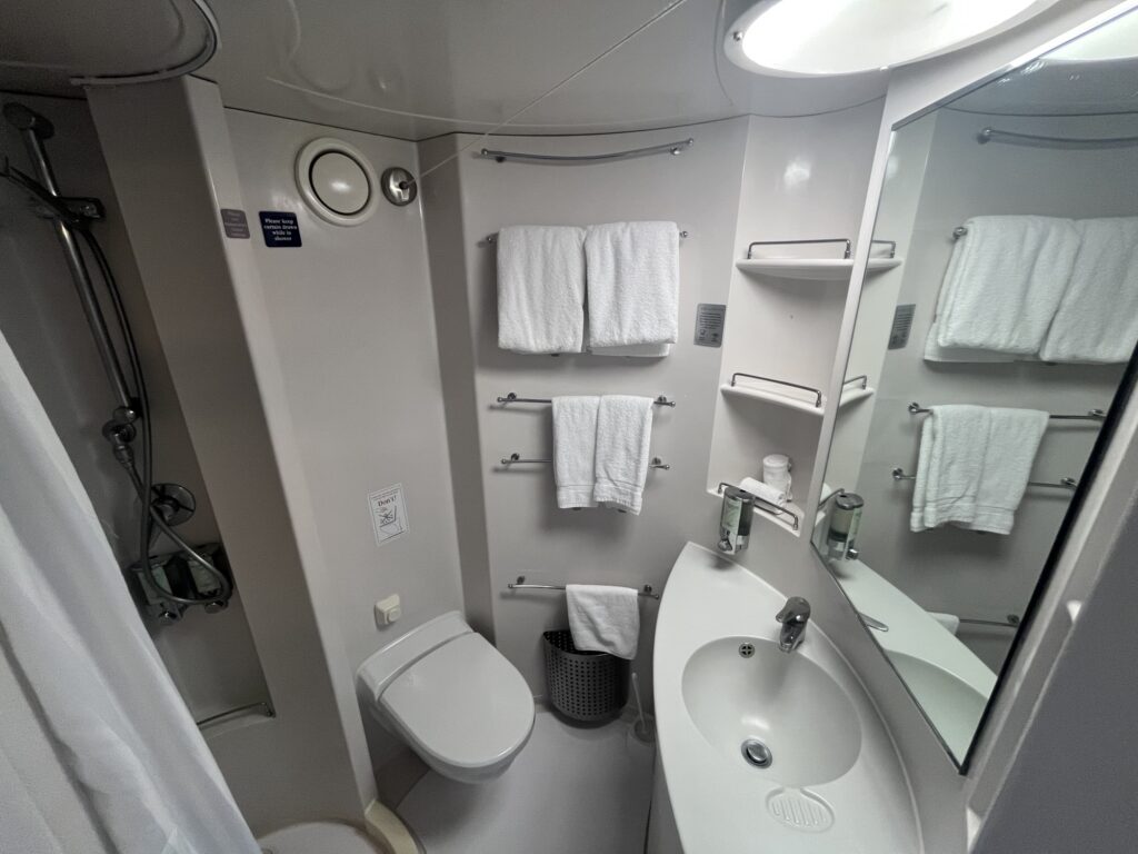 Bathroom in Solo Oceanview Stateroom 7210 on Norwegian Sky