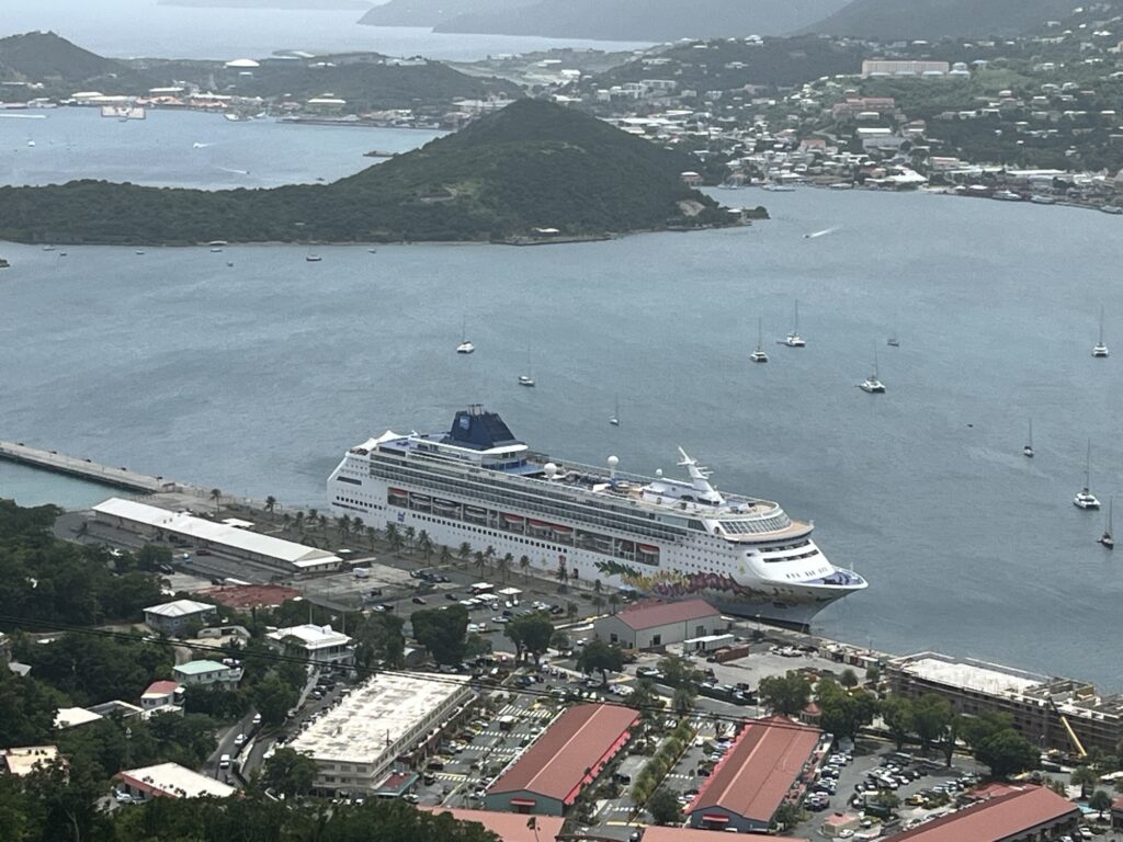 A view of the Norwegian Sky docked in St. Thomas from Paradise Point