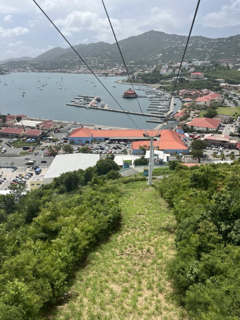 Heading down from 700 feet up on the Skyride to Paradise Point in St. Thomas