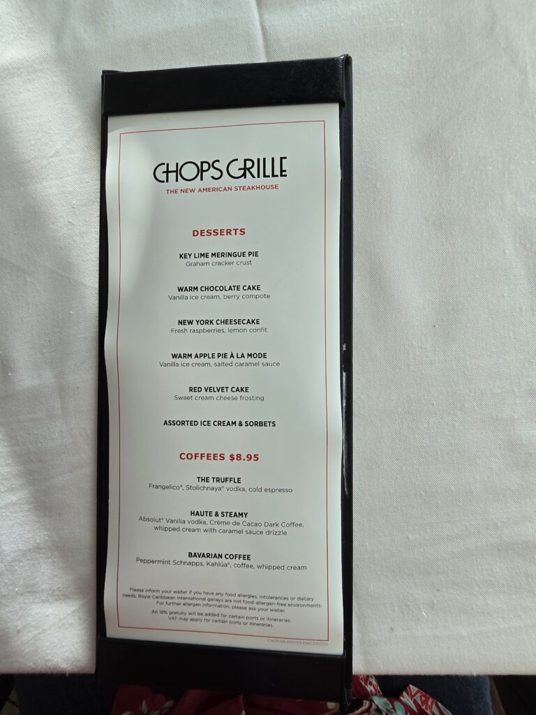 Dessert Menu from Chops Grille on Grandeur of the Seas