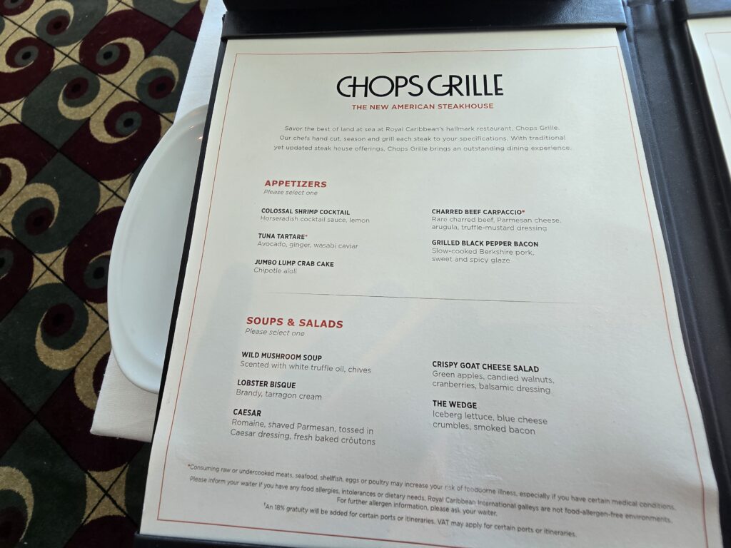 Chops Grille Dinner Menu on Grandeur of the Seas