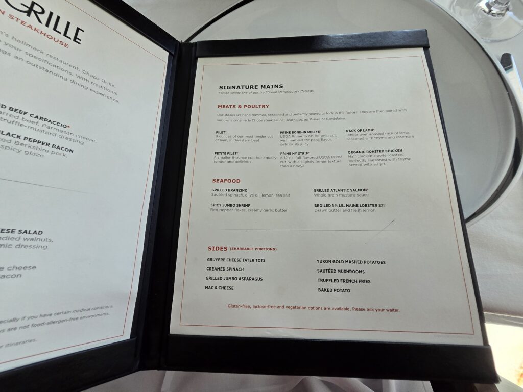 Chops Grille Dinner Menu on Grandeur of the Seas