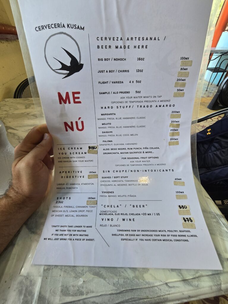 Menu at Kusam Brewing in Cozumel, Mexico