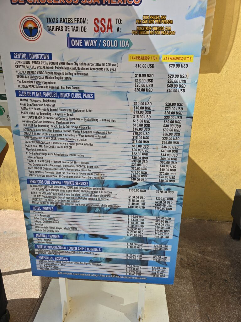 Cozumel taxi prices as of August 2024