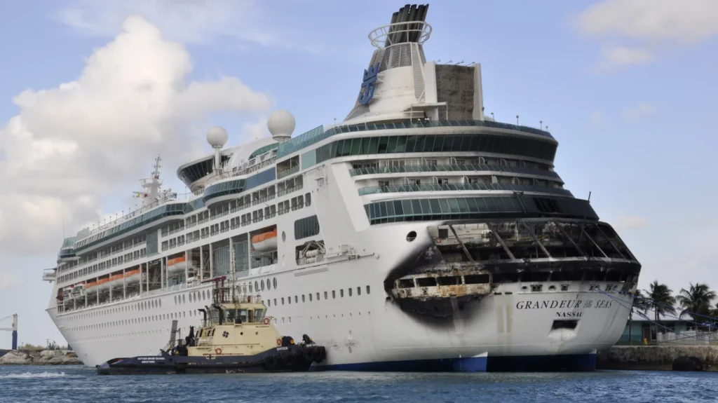 Damage on the Royal Caribbean ship Grandeur of the Seas is visible as the ship docked in Freeport, Bahamas. Photo credit: Reuters/Landov