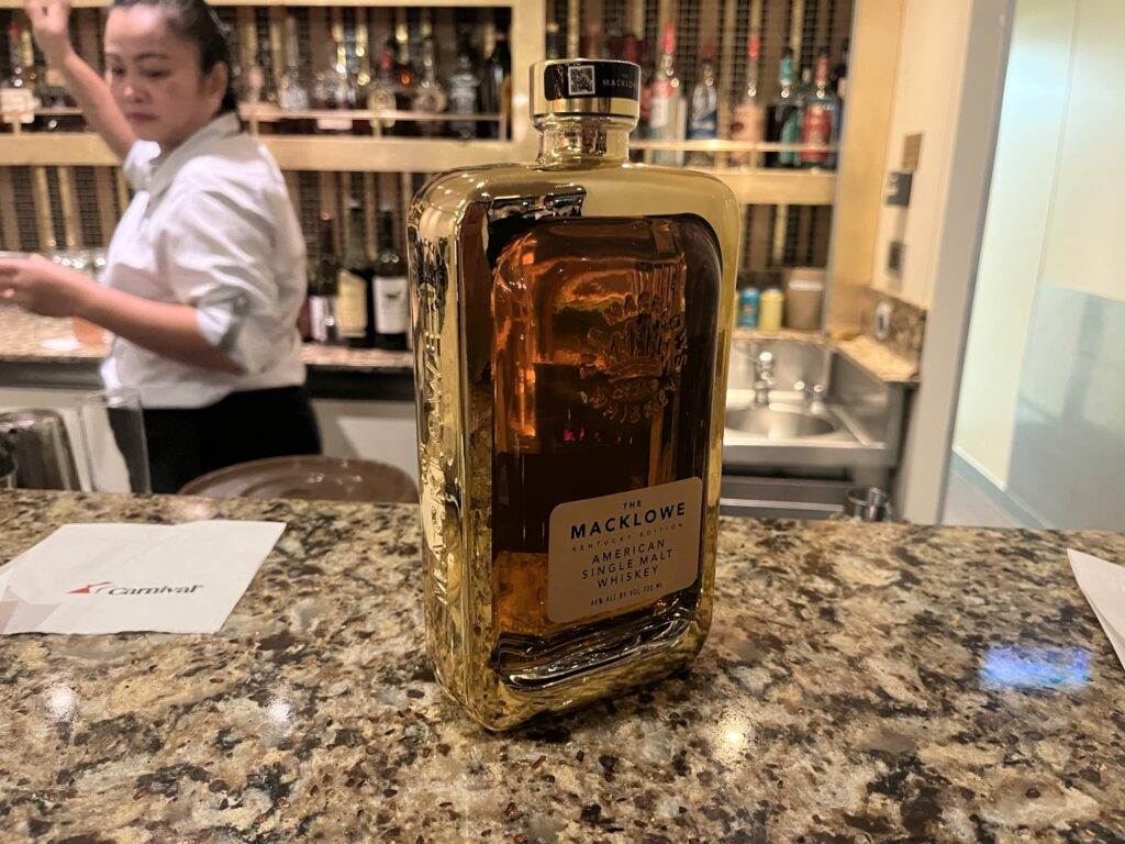 One of the rare whiskeys available at the bar inside Fahrenheit 555 on Carnival Vista - $35 per pour