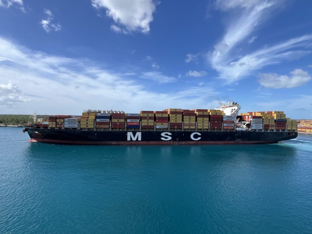 An MSC cargo ship departing Freeport, Bahamas