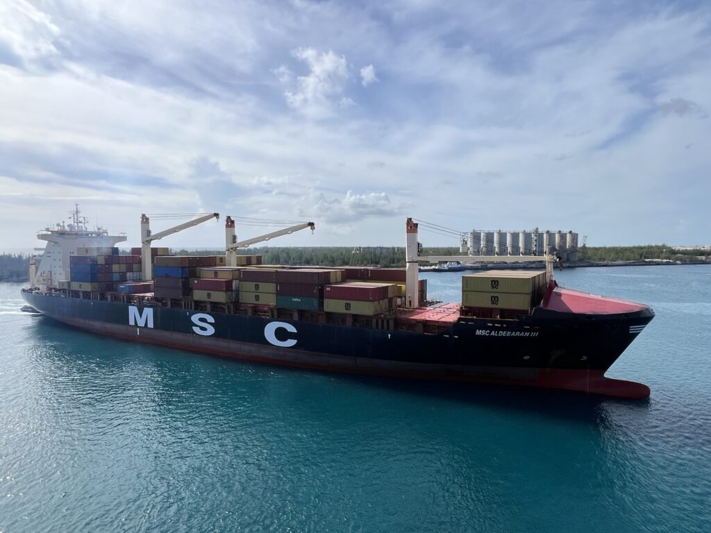 An MSC cargo ship arriving in Freeport, Bahamas