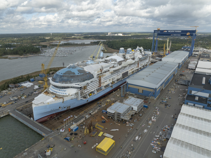 Icon of the Seas prepares to be floated out of the shipyard for the first time.