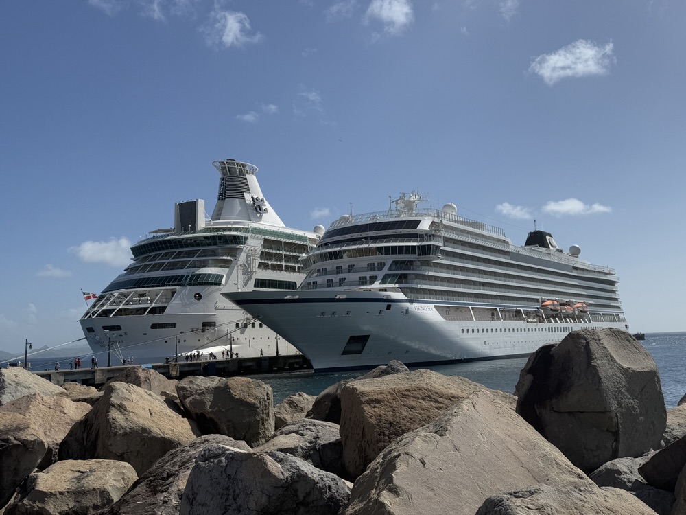 Rhapsody of the Seas (L) and Viking Sea (R) in St. Kitts on December 26, 2024