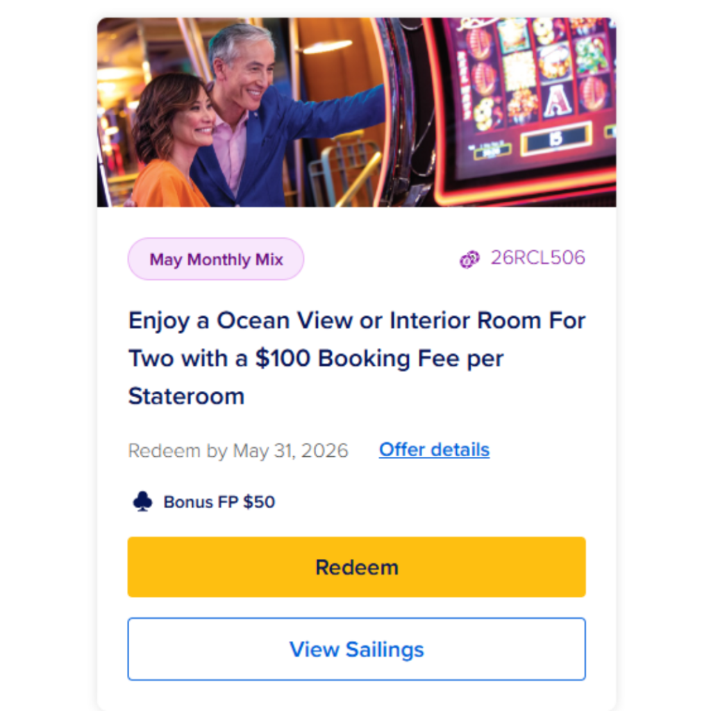 Royal Caribbean Casino Royale offer with Booking Fee and a bonus $50 in free play
