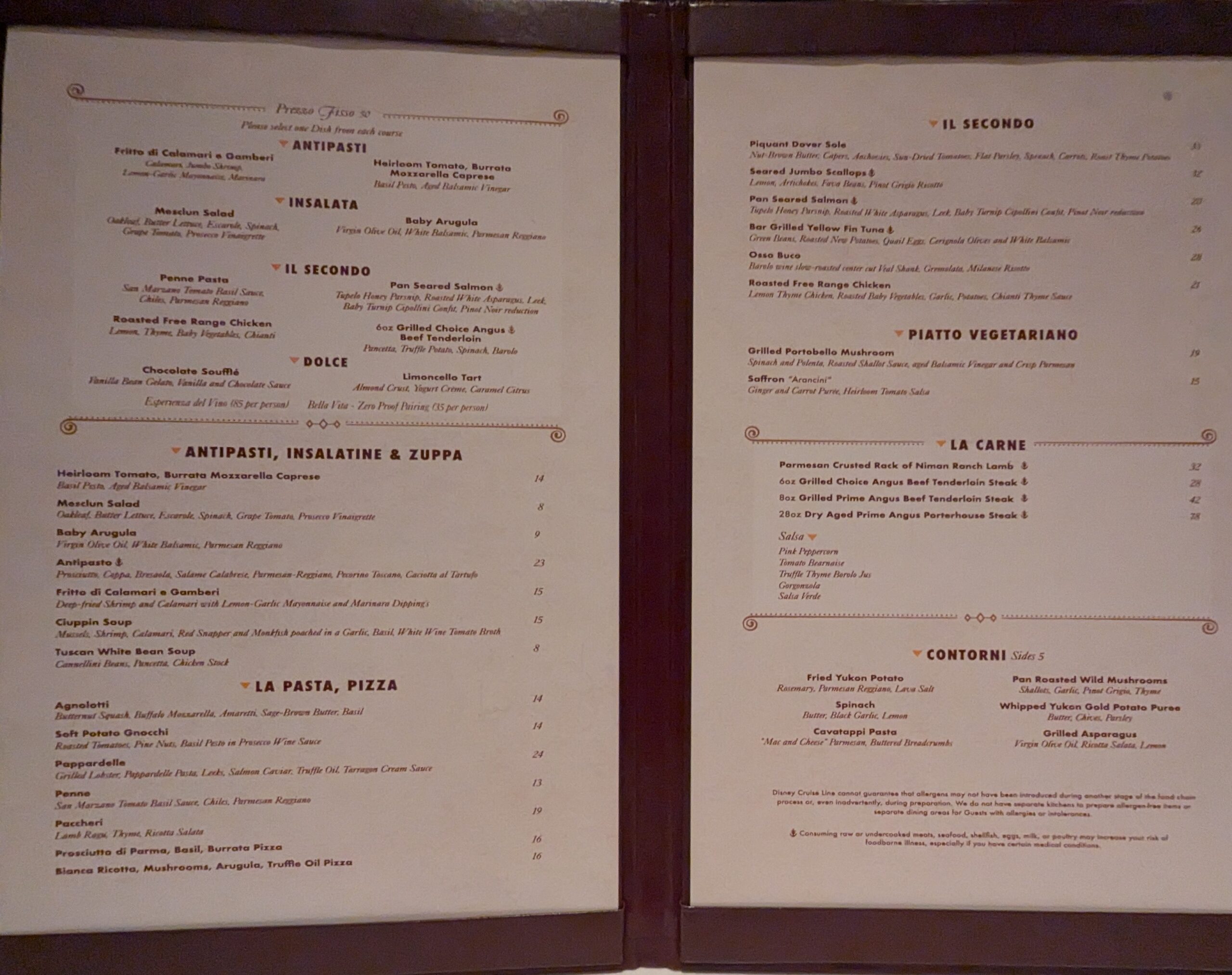 Palo Dinner Menu on the Disney Fantasy