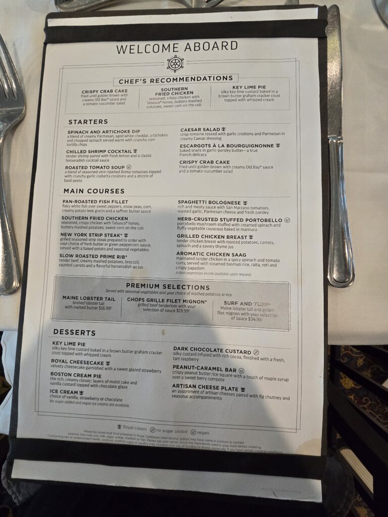 Dinner Menu from My Fair Lady Dining Room on Enchantment of the Seas