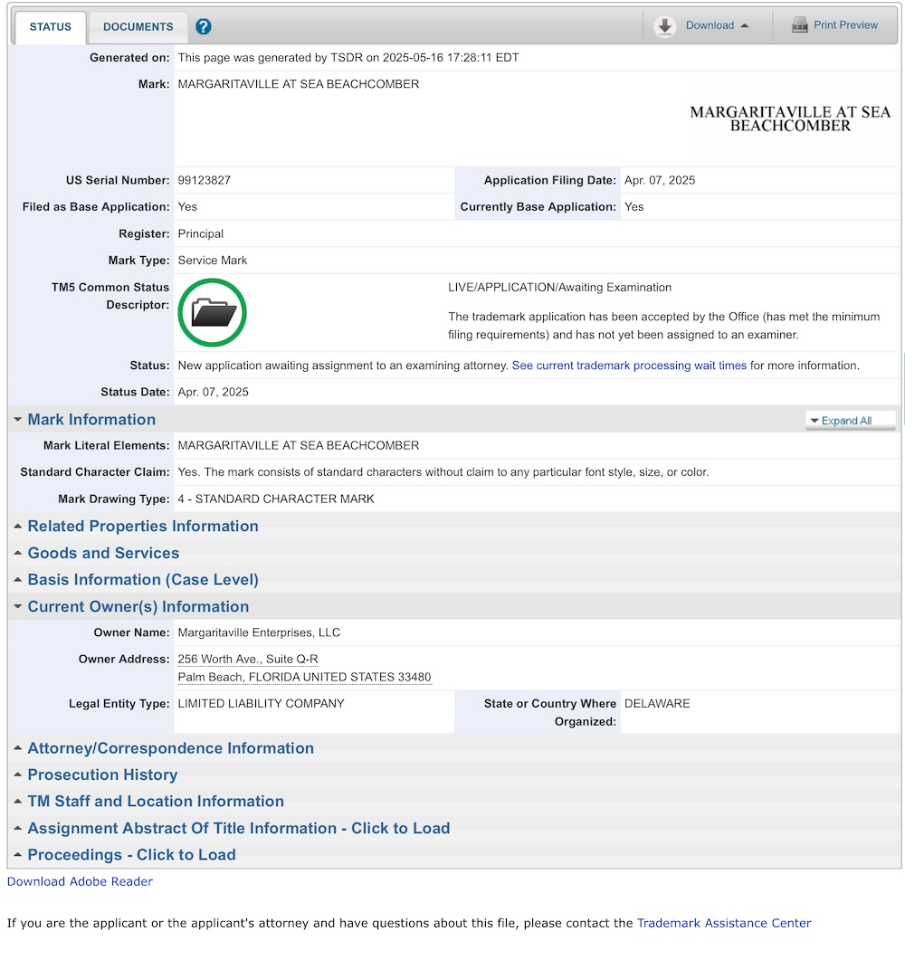 Trademark filing screenshot