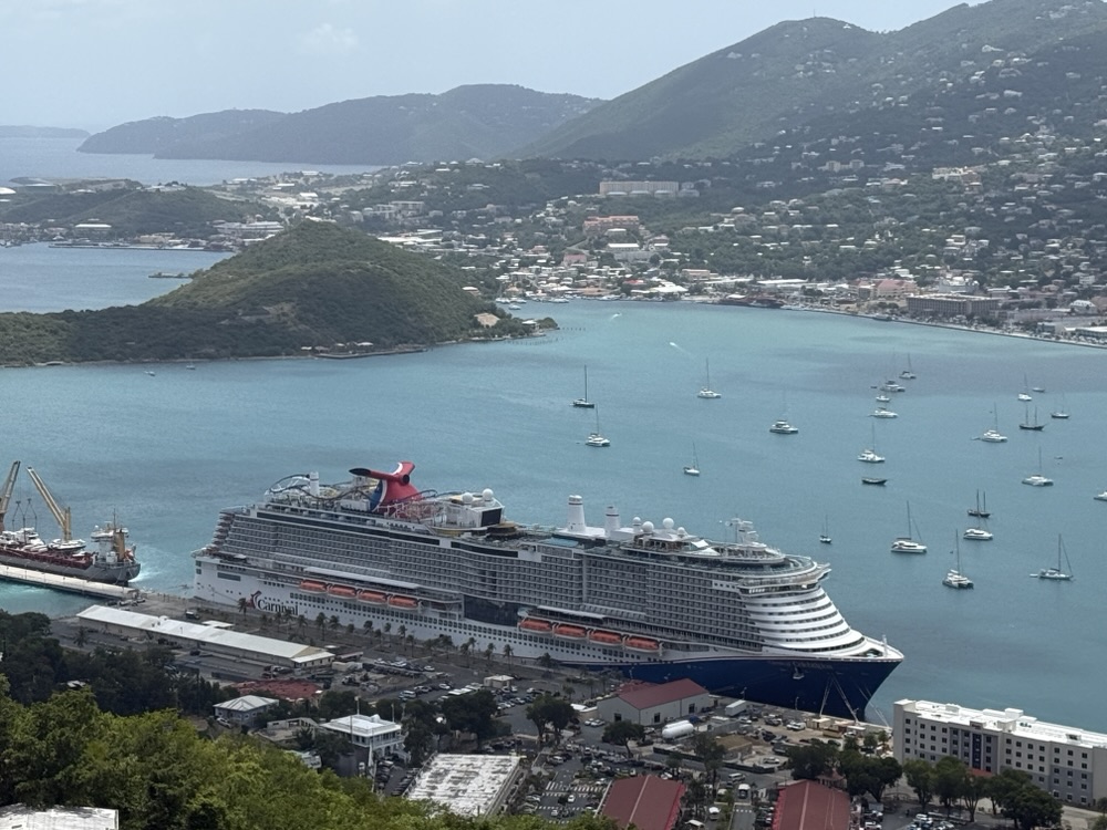 A view of the Carnival Celebration docked in St. Thomas on June 26, 2025