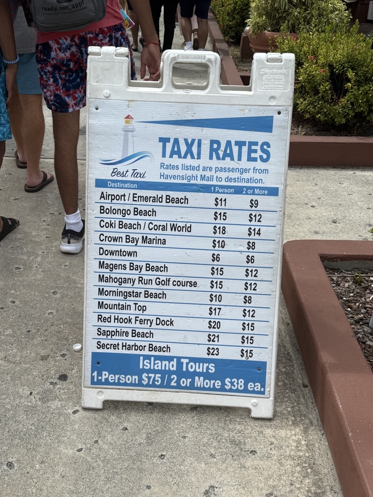 Posted taxi rates in St Thomas as of June 2025