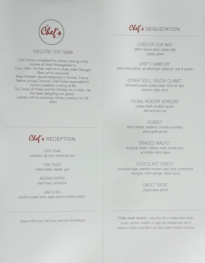 The Chef's Table Menu from Carnival Celebration from June 2025