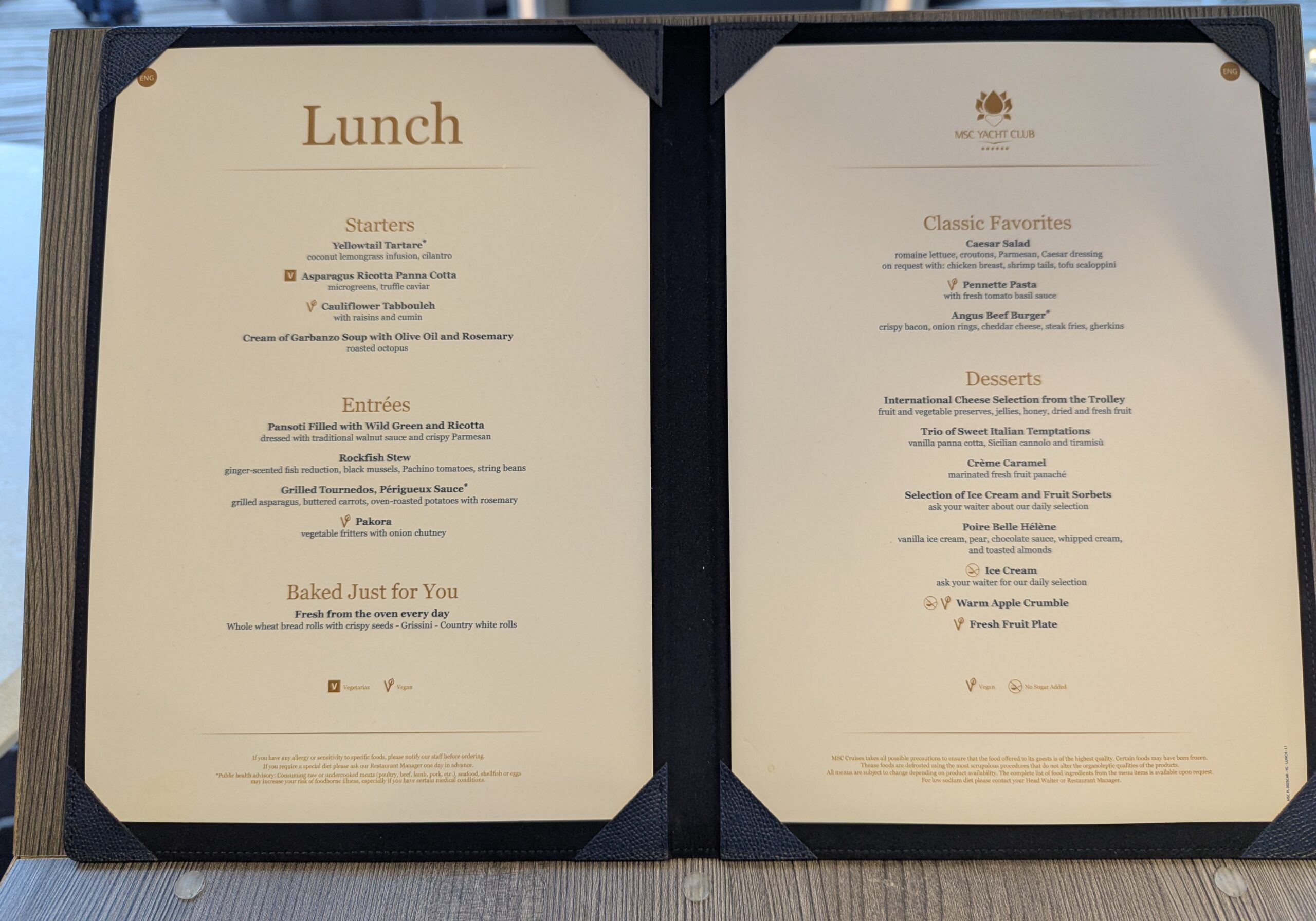 Yacht Club Lunch Menu - Embarkation Day on MSC World America