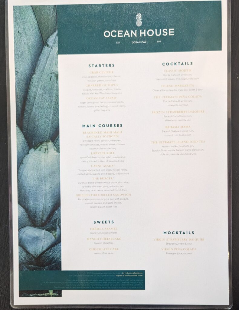 Yacht Club Ocean House Menu at MSC Ocean Cay Marine Reserve
