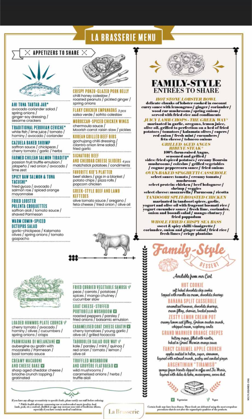 La Brasserie menu on MSC World America